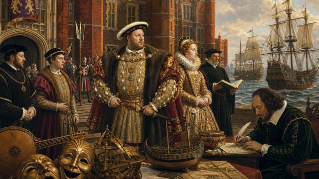 Tudor court scene with palace architecture and maritime details